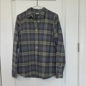 L.L. Bean Olive and Charcoal Blue Plaid Button Down Shirt